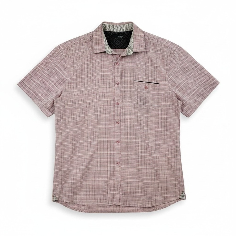 Bruno Sueded Button Up Shirt Mens Large Pink Plaid Short Sleeve